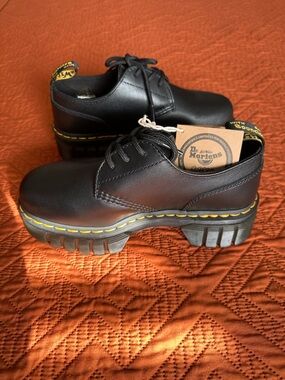 Dr. Martens Black Leather Lug Sole 3-Eye AUDRICK NAPA with Yellow Stitching